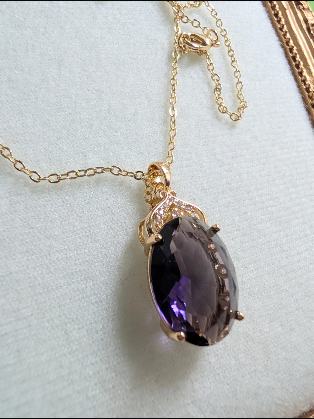 Gold Pendant Necklace with Deep Purple Oval Glass Gemstone - Picture 6 of 10